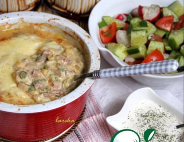 Гороховый гратин с грибами и ветчиной