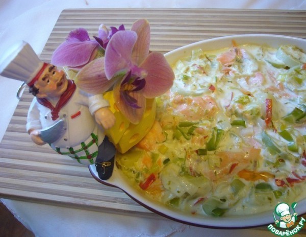 Гратан из форели и лука-порея со сливками