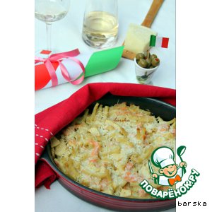 Гратин из макарон, копченого лосося и яблока Гратин из макарон, копченого лосося и яблока