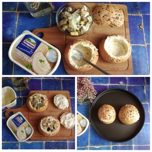 Хлебные горшочки с мясом и сыром