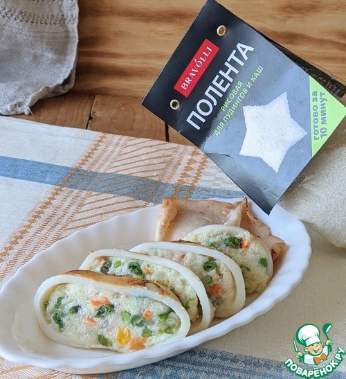 Кальмары, фаршированные рисовой полентой и овощами