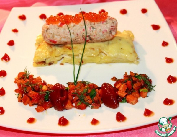 Мусс из лосося с крабовыми палочками на ложе из картофельного гратена