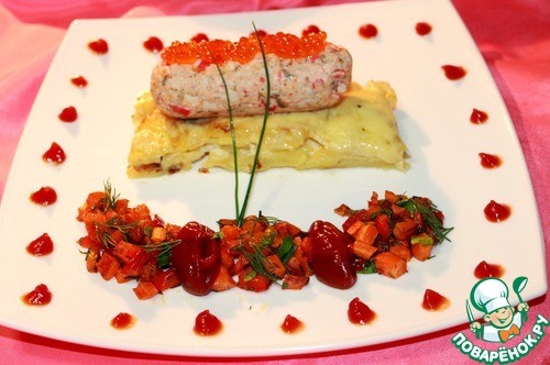 Мусс из лосося с крабовыми палочками на ложе из картофельного гратена