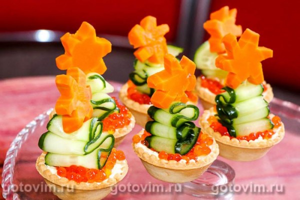 Закуски в тарталетках с сыром и красной икрой «Ёлочки» Закуски в тарталетках с сыром и красной икрой «Ёлочки»