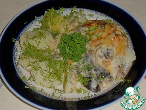 Рыба, запечённая с грибами и белым соусом Рыба, запечённая с грибами и белым соусом