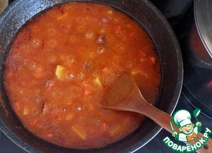 Айнтопф из поленты с копчёными колбасками Айнтопф из поленты с копчёными колбасками